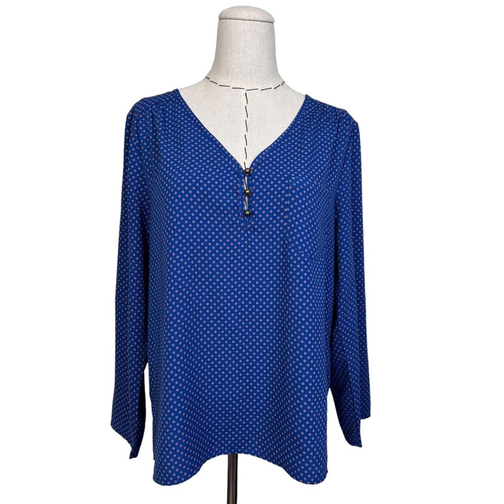 Market & Spruce Womens Blue Polka Dot Long Sleeve Button Front Blouse Top M